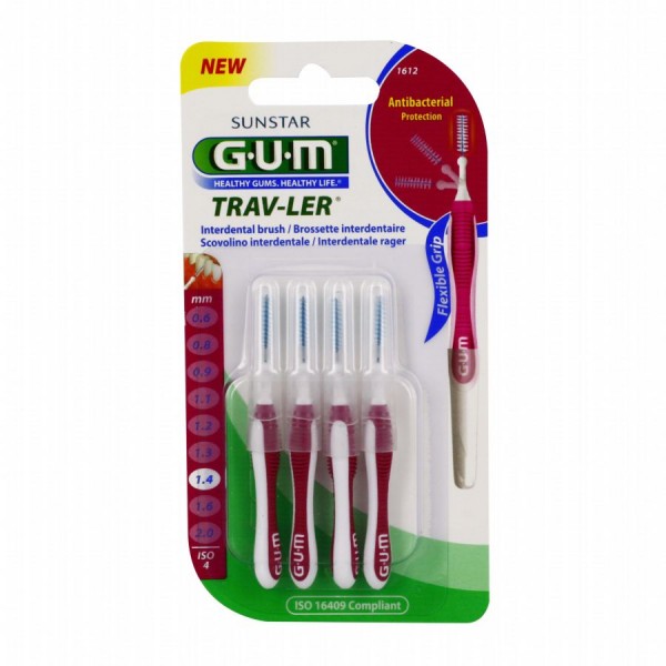 GUM Manche par 4 unités avec Brossette Fine (1,4mm)